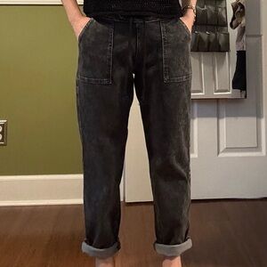 Ethyl Blue Stretch Denim Cargo Pants with Pockets